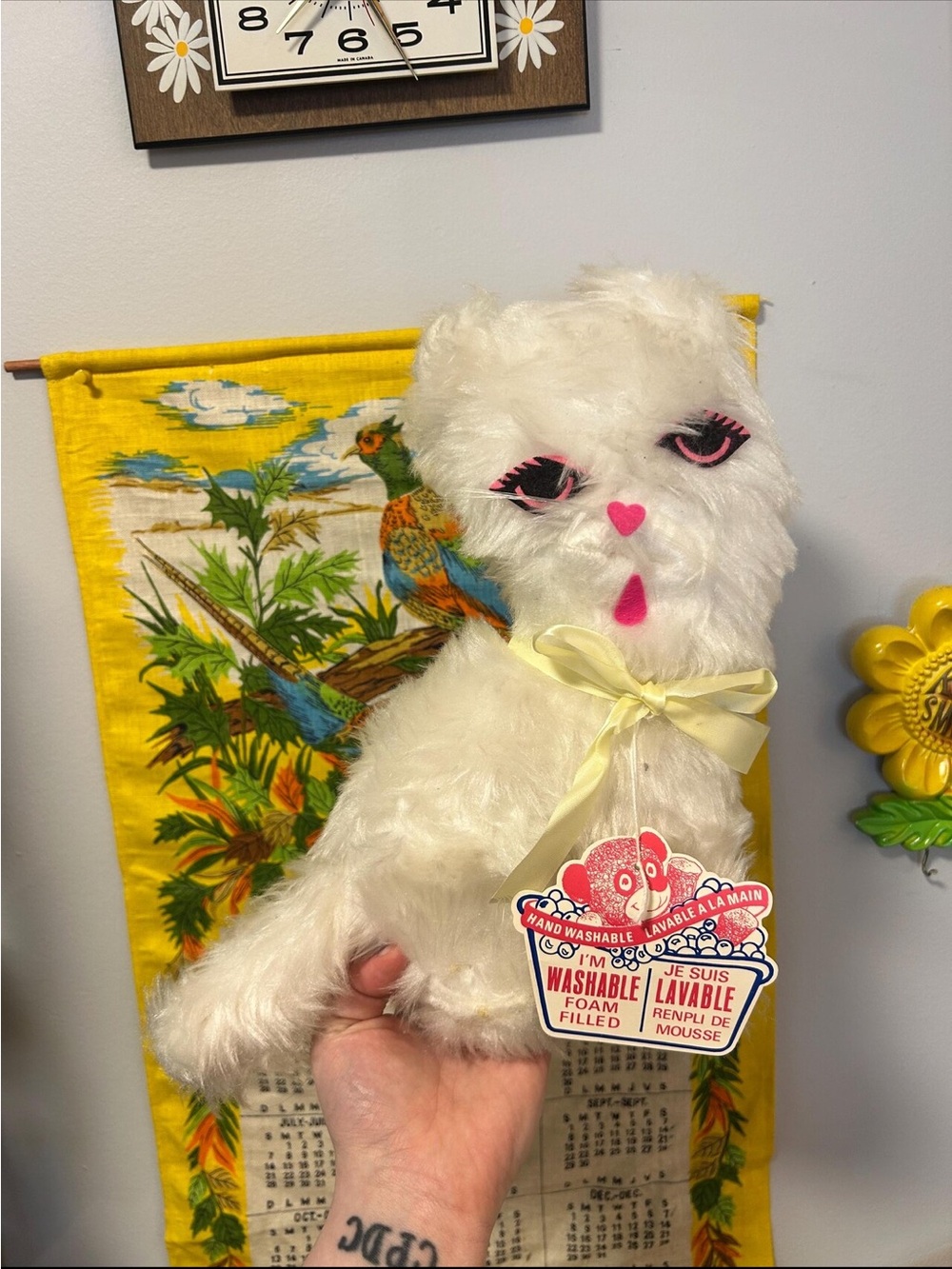 Vintage Regal NWT White Fuzzy Plush Cat with Pink Facial Details